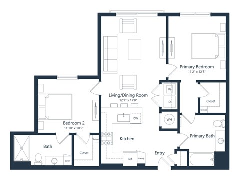 Floor plan for 2 beds, 2 baths, 1002 sqft